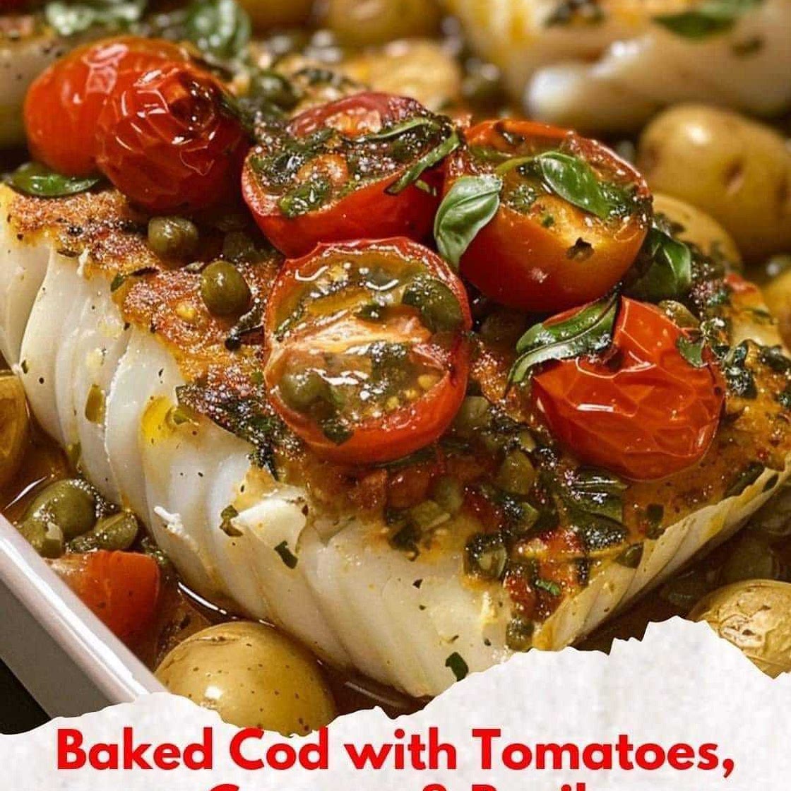 Baked Cod with Tomatoes, Capers, & Basil