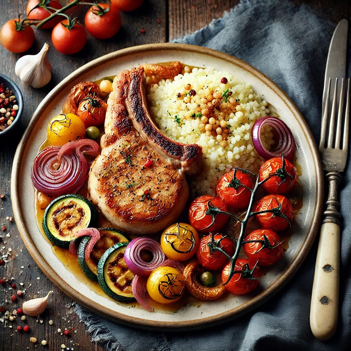 Côte de porc aux légumes confits et semoule