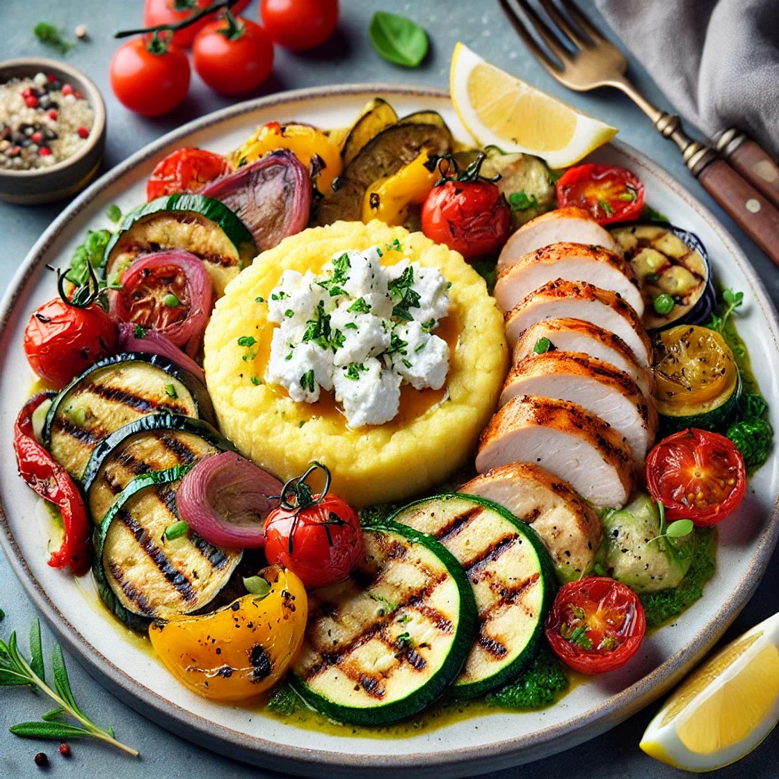 Polenta au chèvre poulet grillé et légumes d'été