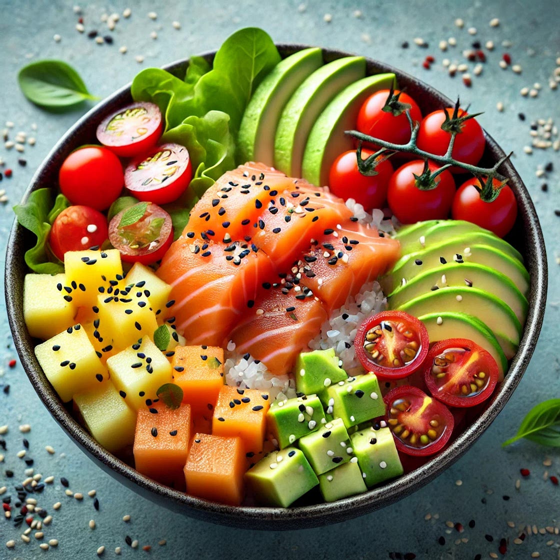 Poke bowl saumon melon avocat