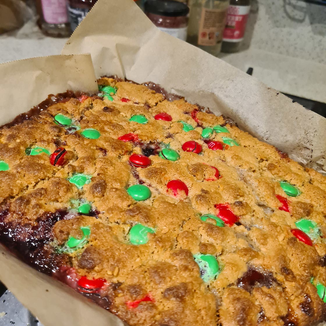 Pump Up the Jam (Peanut Butter and Jam M&M Blondies)