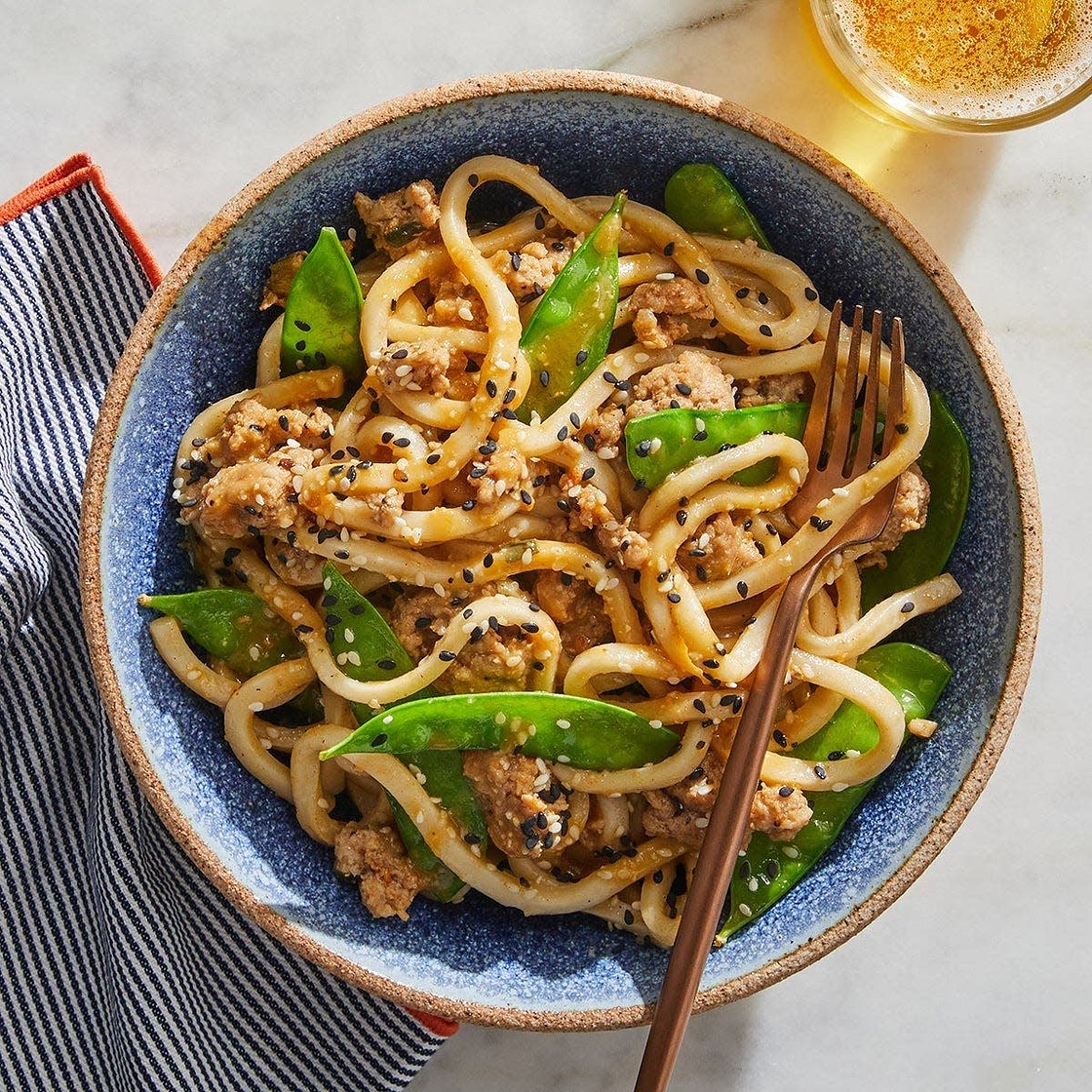 Soy-Miso Pork & Udon Noodles with Snow Peas & Togarashi