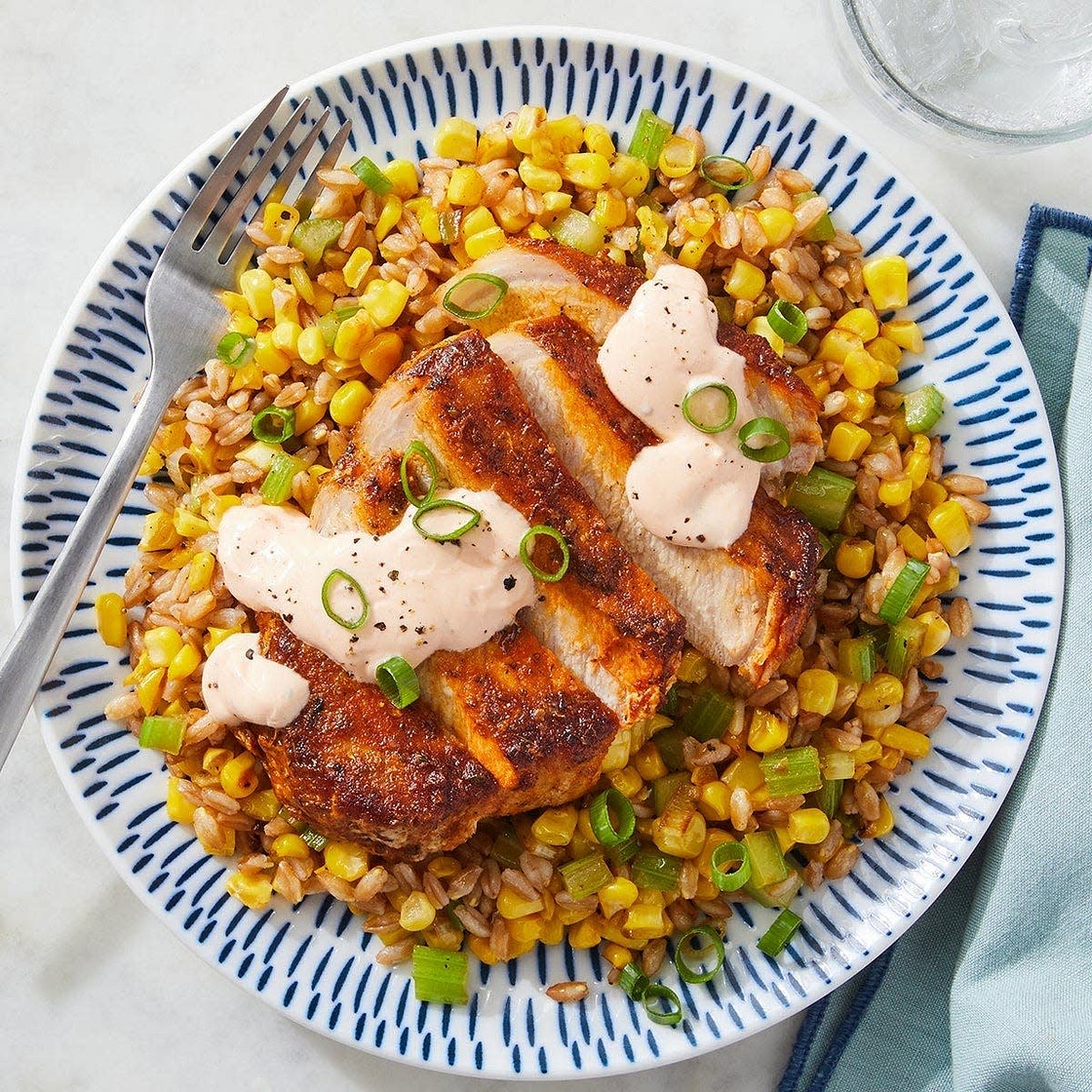 Cajun-Style Pork & Farro Salad with Spicy Sour Cream