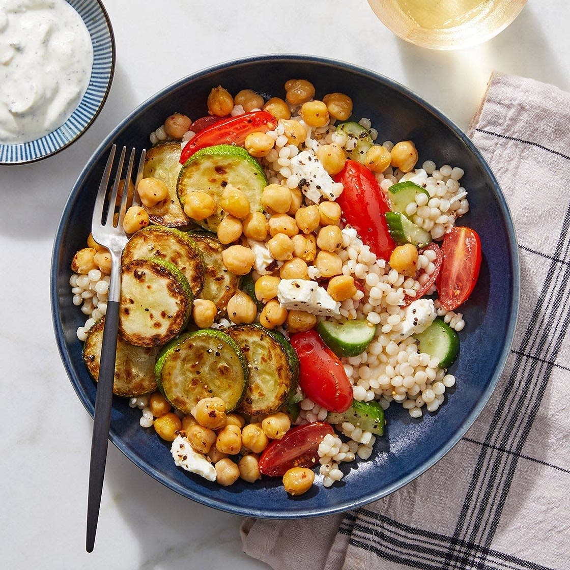 Greek-Style Chickpea & Couscous Bowl with Tzatziki & Feta