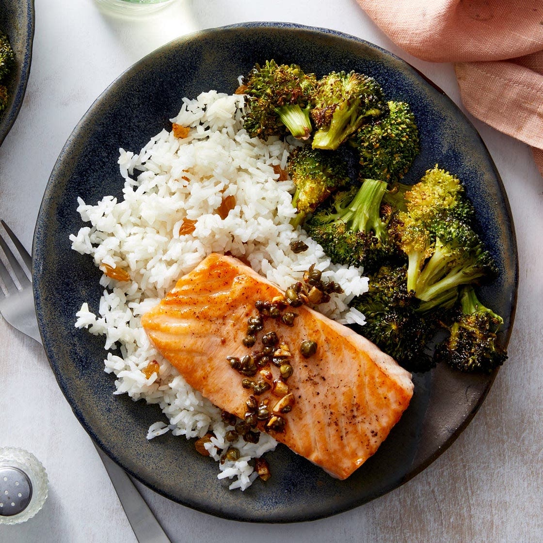 Salmon Piccata with Garlic Rice & Roasted Broccoli