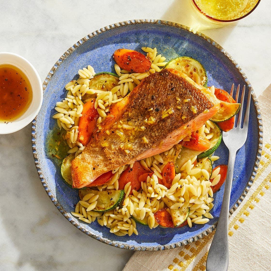 Lemon-Ginger Trout over Orzo, Zucchini & Carrots