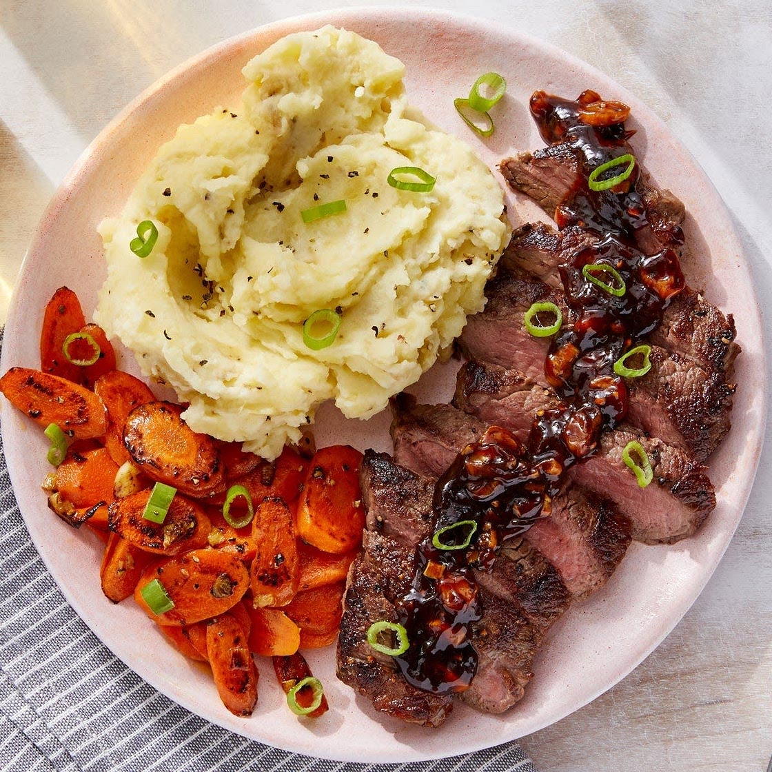 Seared Steaks & Mashed Potatoes with Sautéed Carrots & Steak Sauce