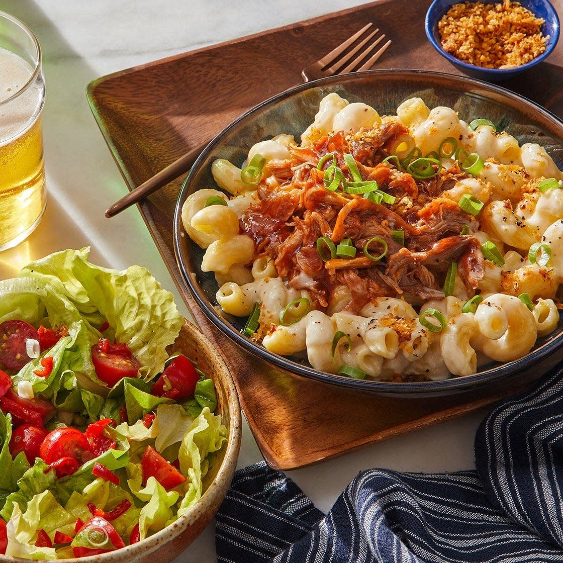 BBQ Pulled Pork Mac & Cheese with Smoky Breadcrumbs & Butter Lettuce Salad
