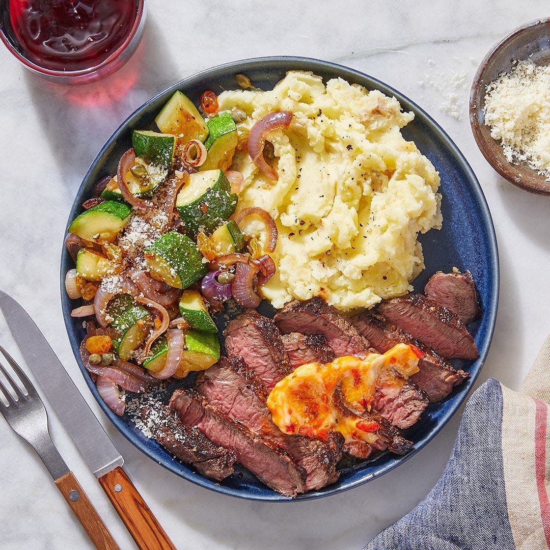 Calabrian Chile Butter Steaks with Mashed Potatoes & Sautéed Zucchini