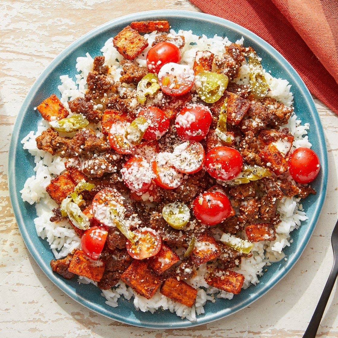 Mexican-Style Beef & Rice Bowls with Fresh Tomato Salsa & Lemon Mayo