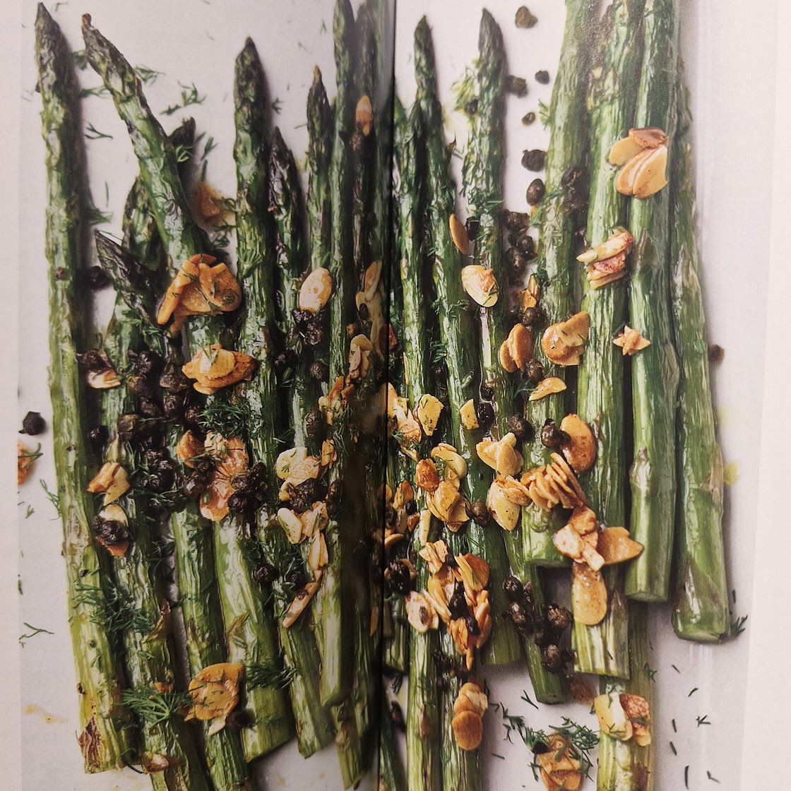Roasted asparagus with almond, capers and dill - page 82