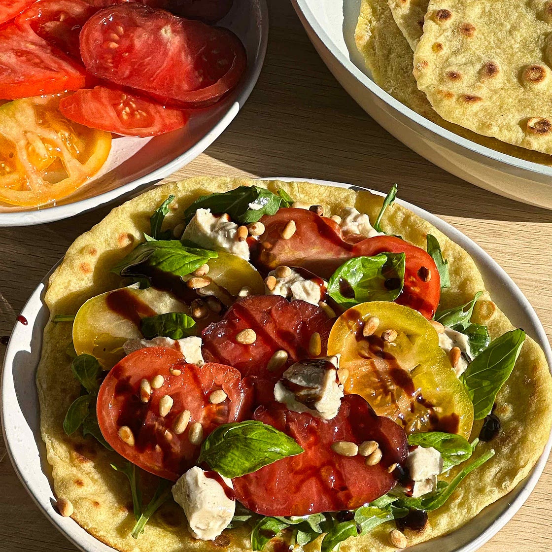 Italian Piadinas with Heirloom Tomatoes, Feta and Rocket