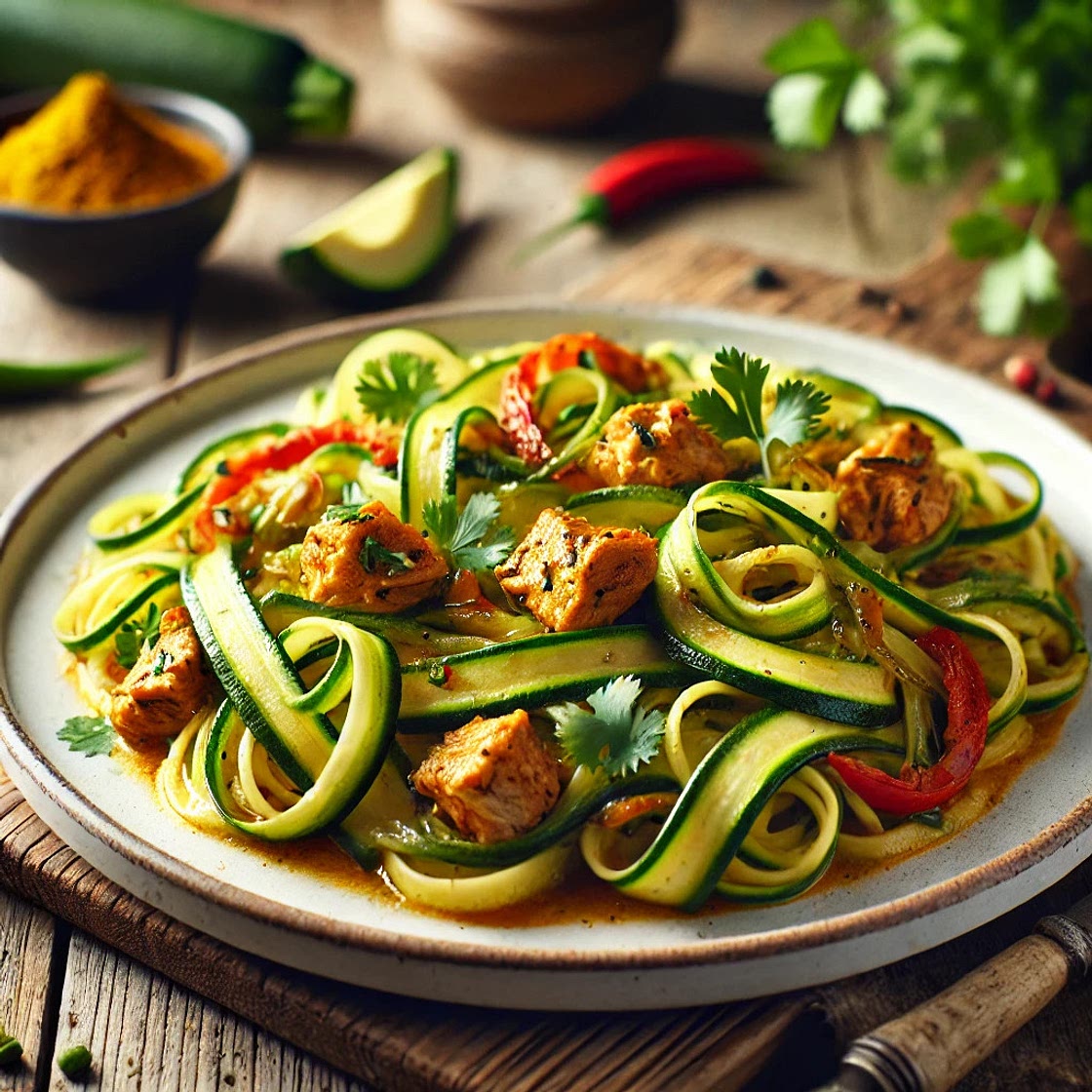Tagliatelles de courgette et poulet mariné au curry