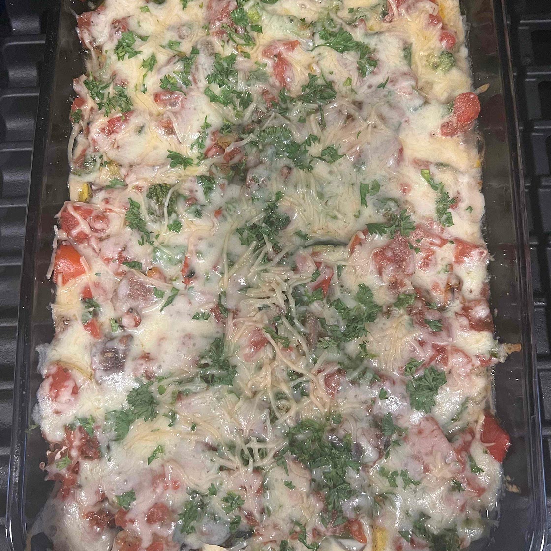 Chicken and veggie bake with cheese.