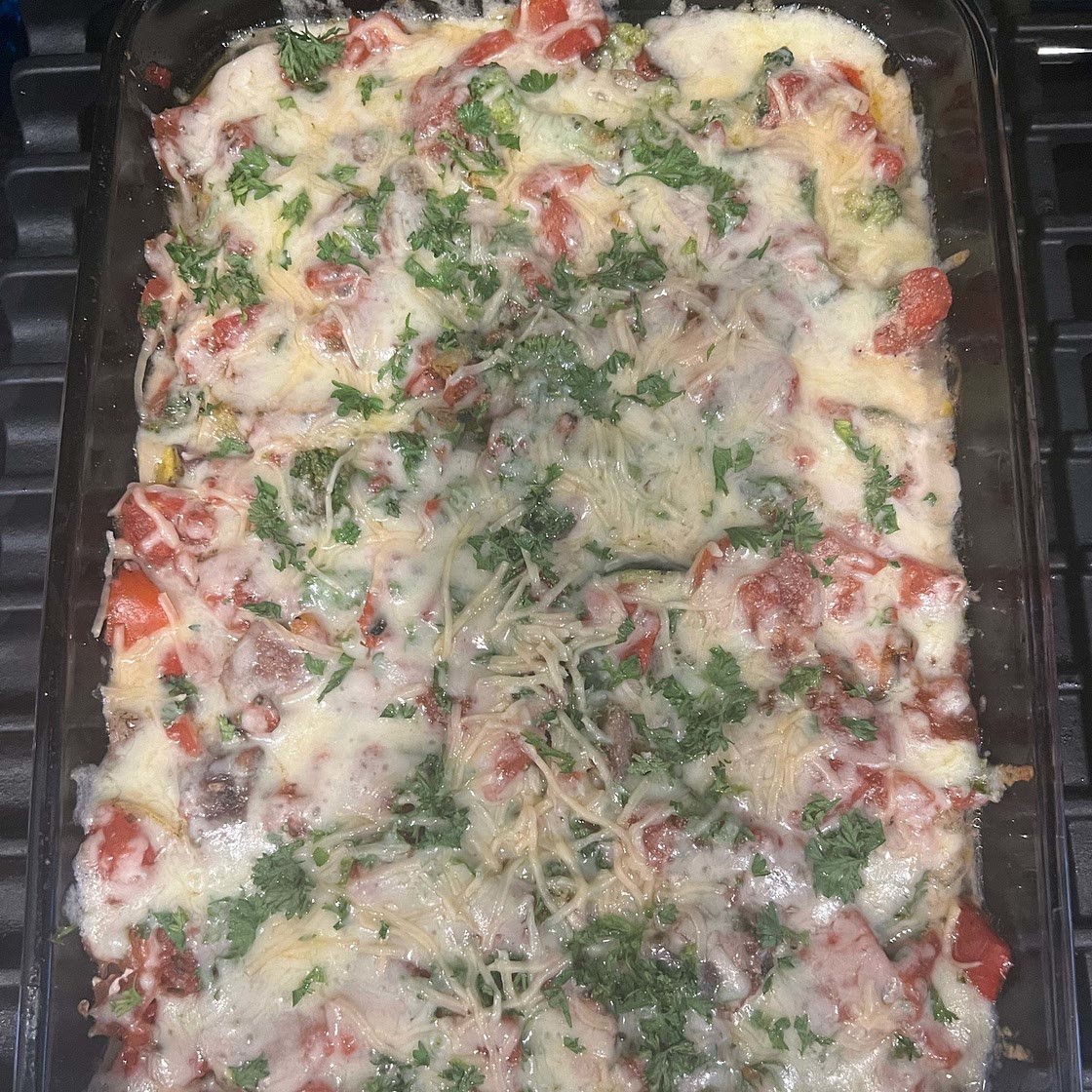 Chicken and veggie bake with cheese.