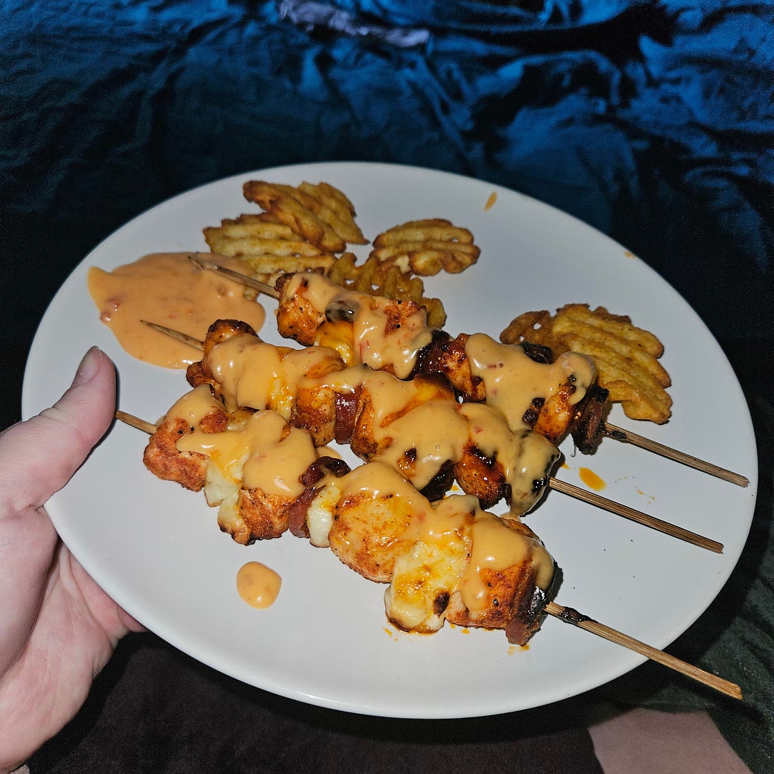 Bang bang chicken and halloumi skewers