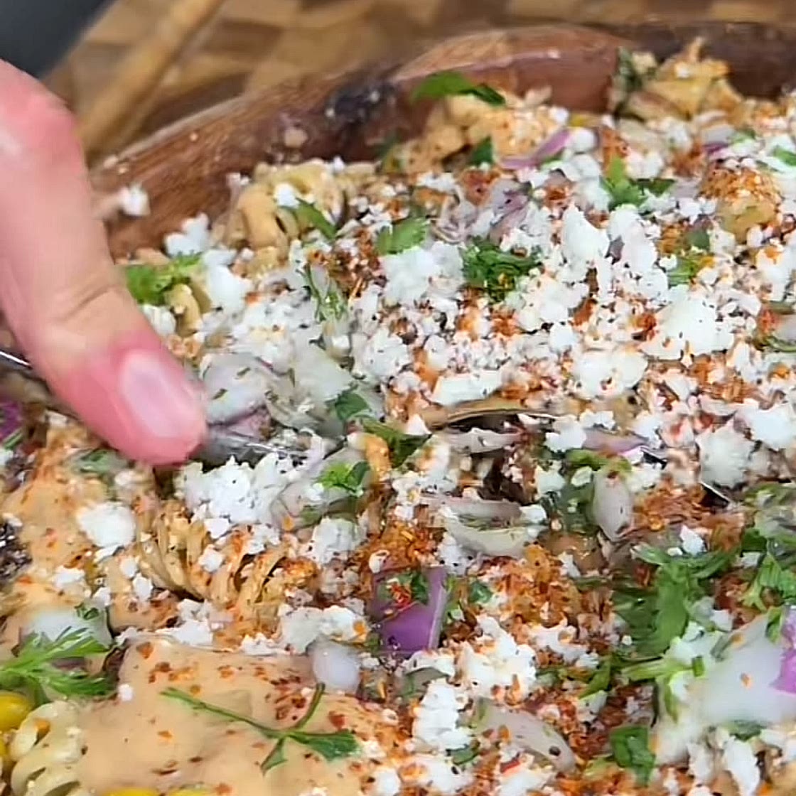 High protein elote pasta salad