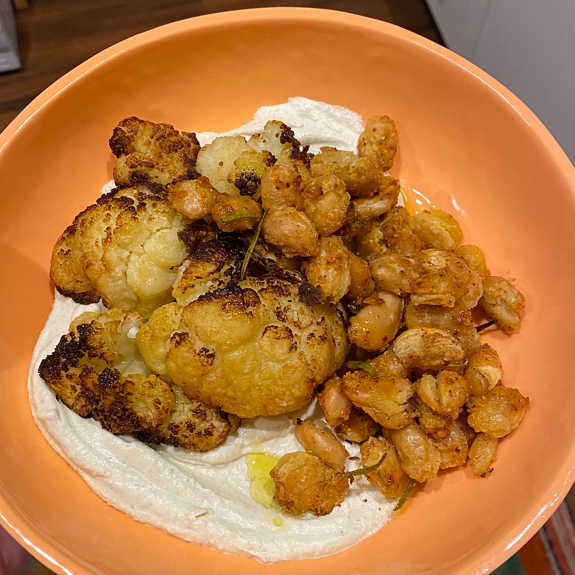 Braised Cauliflower, Baked Butter Beans, Lemon Sage Cashew Cream