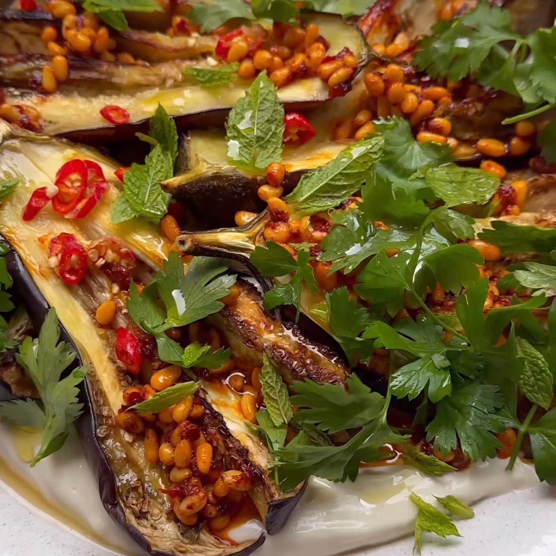 Roasted aubergine with chilli tahini yoghurt