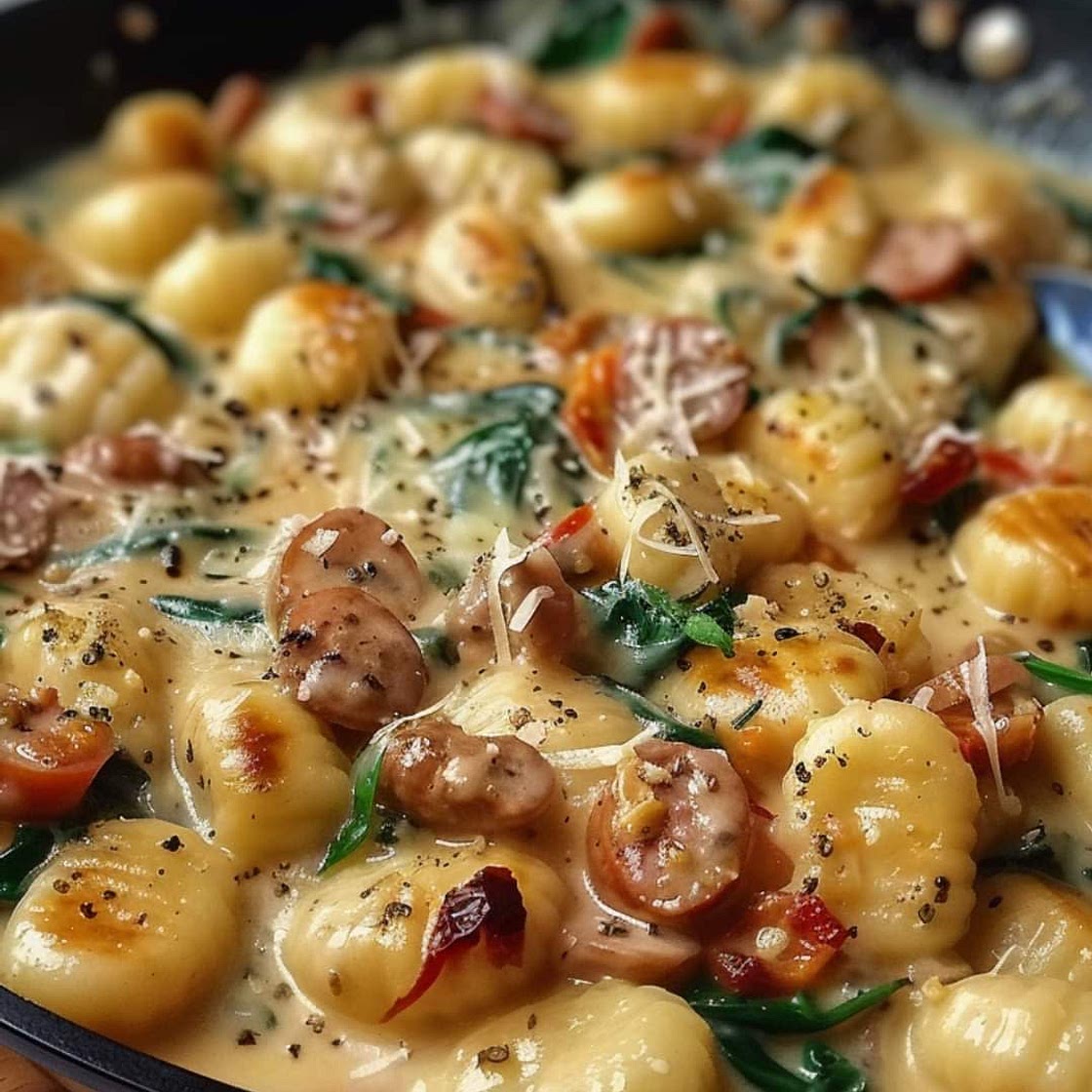 One Skillet Creamy Gnocchi with Sausage and Spinach