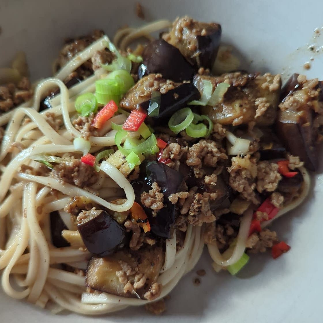 Spiced lamb & aubergine noodles