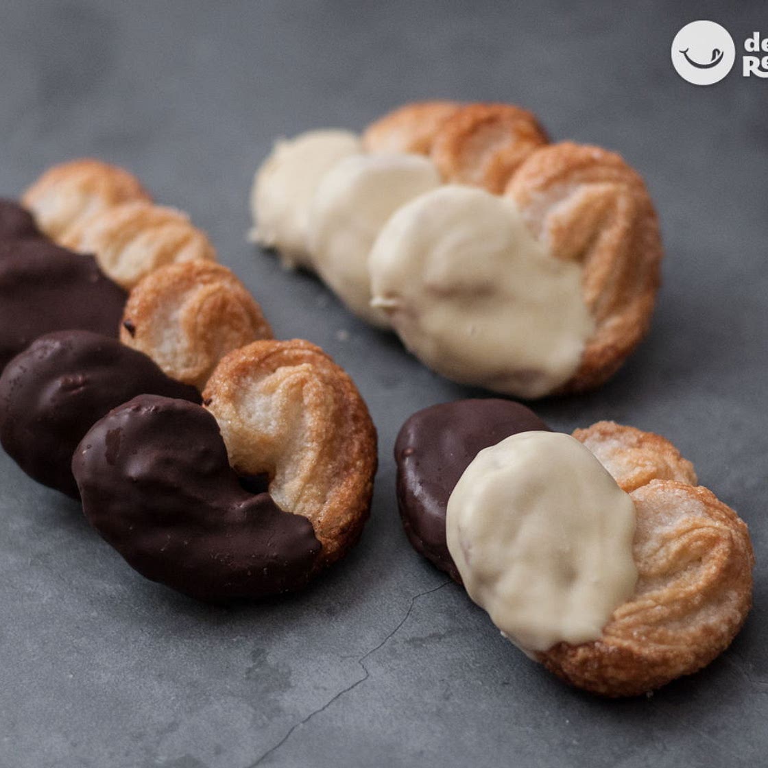 Palmeritas de hojaldre. Clásicas de azúcar y con chocolate
