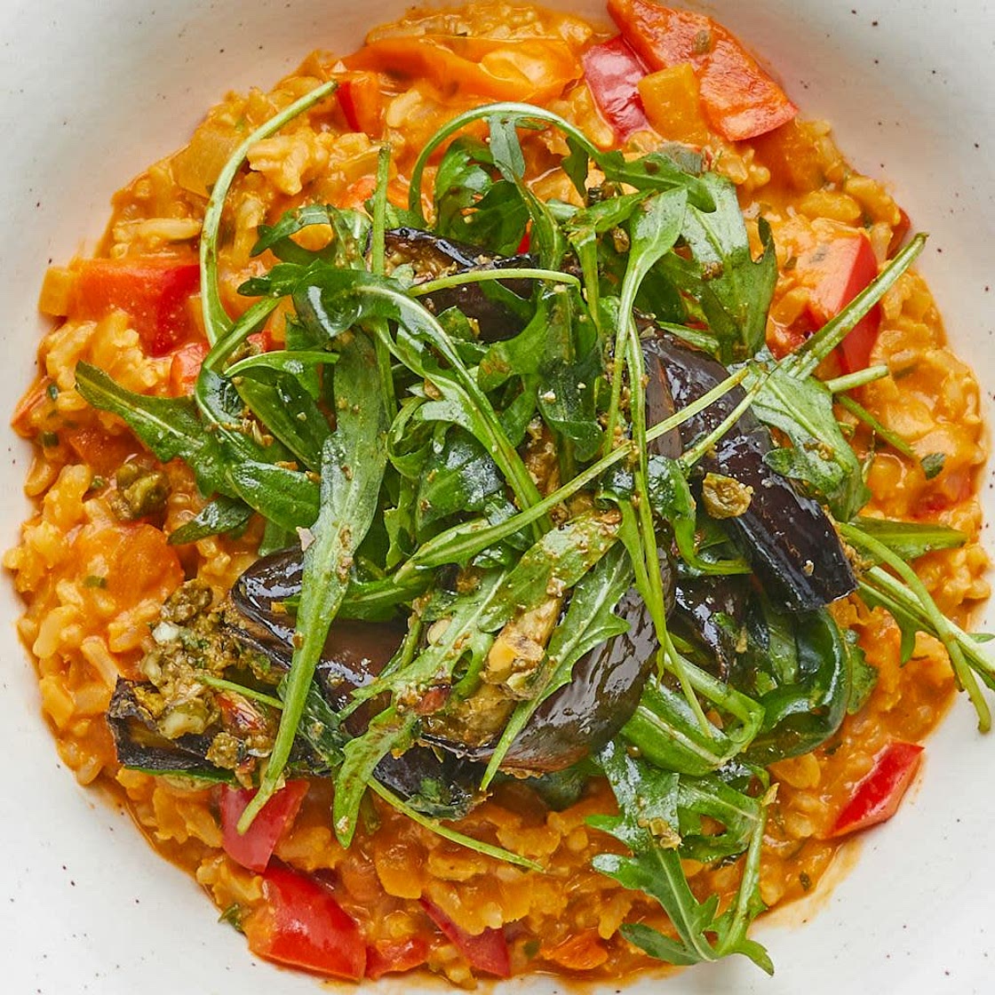 Creamy Pomodoro Risotto with Pesto Aubergine