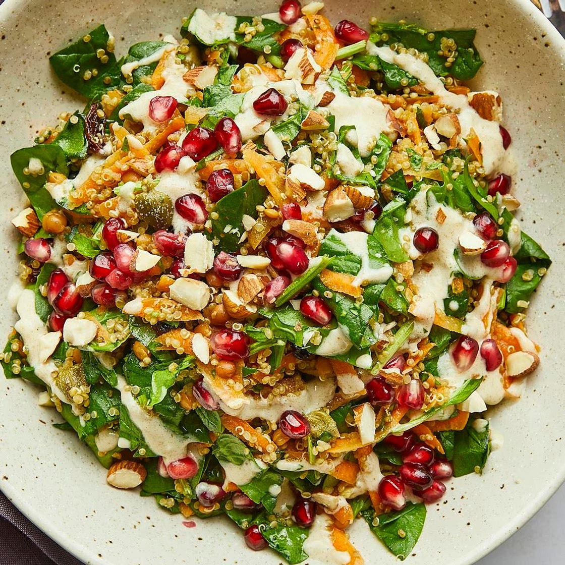 Quinoa & Lentil Salad with Cumin Yoghurt & Pomegranate