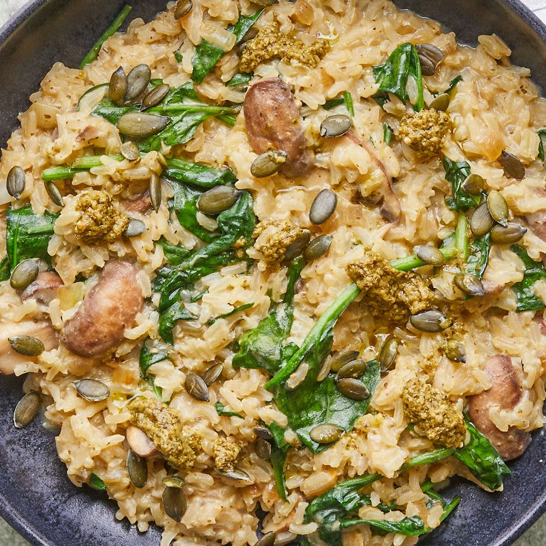 Easy Mushroom & Spinach Risotto with Basil Pesto