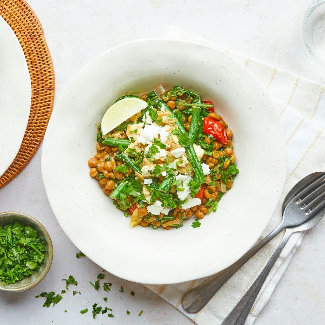 Feta & Coconut Lentils with Honeyed Green Beans