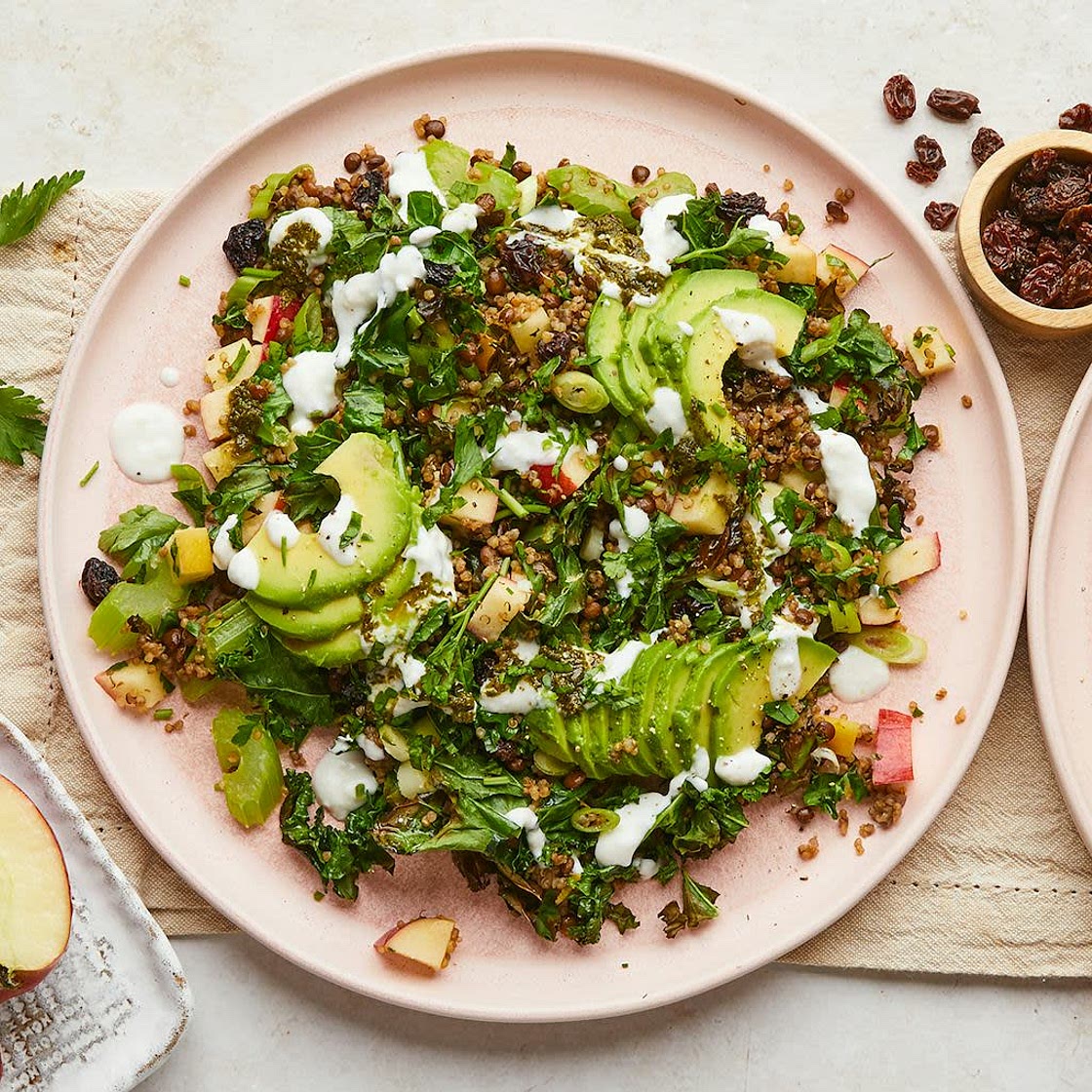 Quinoa, Lentil & Kale Salad with Zhoug Dressing