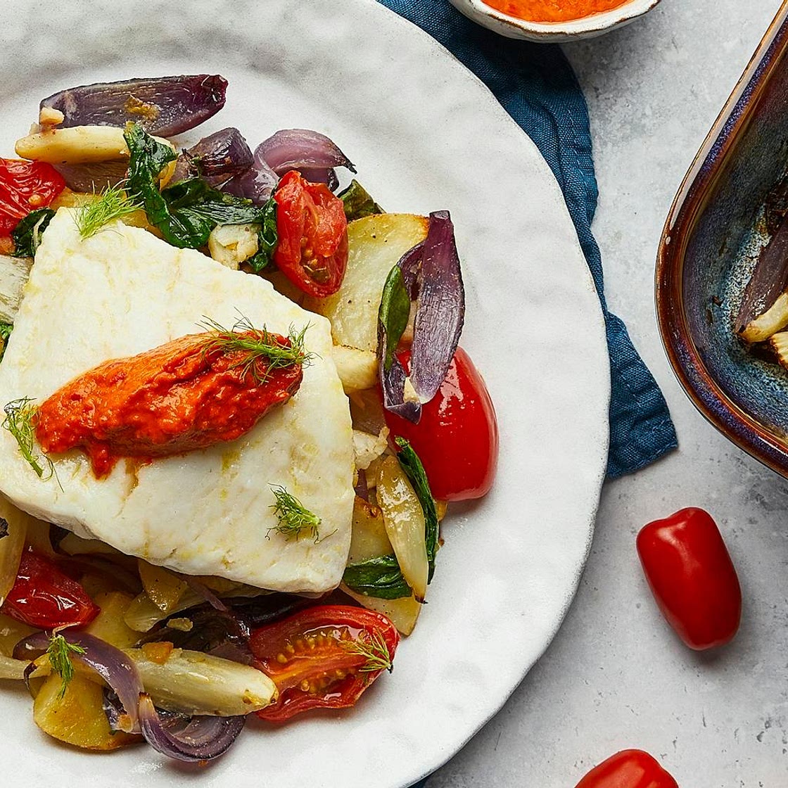 Mediterranean Hake Traybake with Fennel & Tapenade