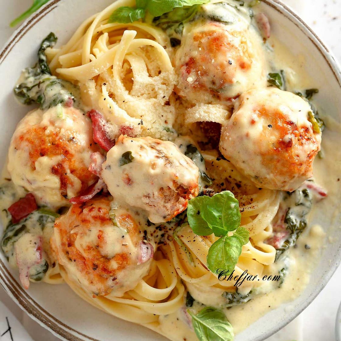 Chicken Ricotta Meatballs with Spinach Alfredo Sauce