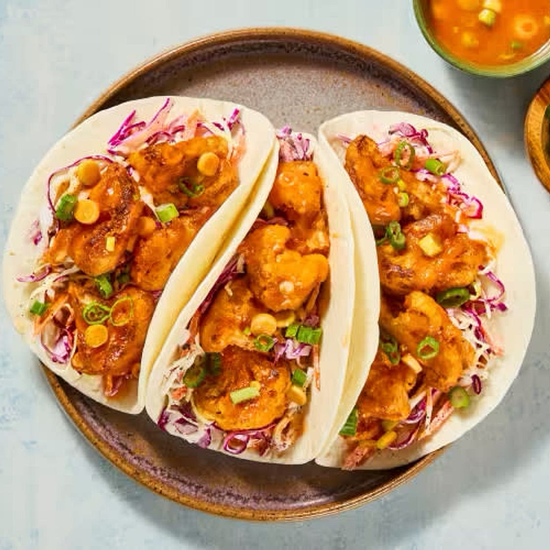 Air Fryer Buffalo Cauliflower Tacos with Tangy-Sweet Slaw