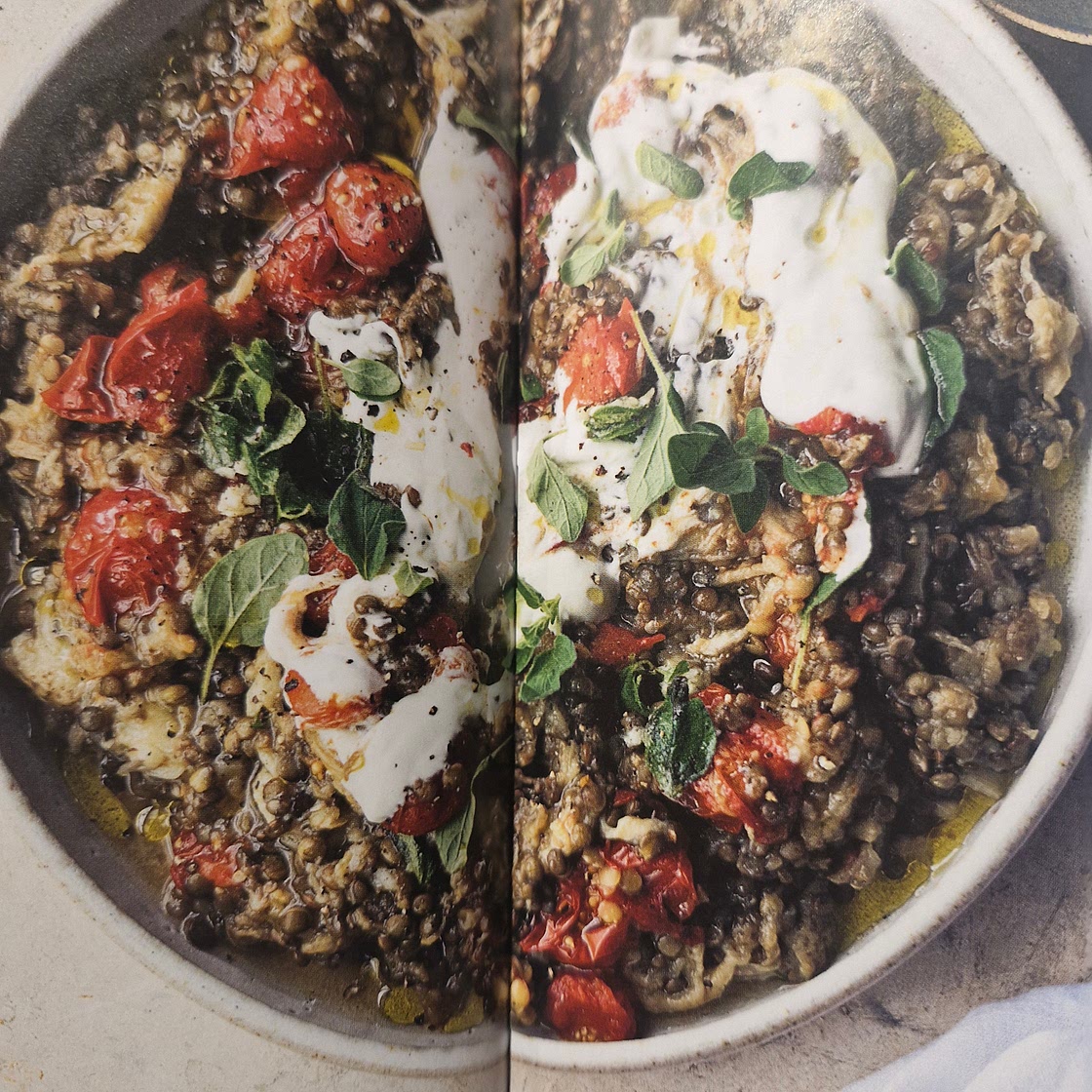 Puy lentils with eggplant, tomatoes and yoghurt - page 166
