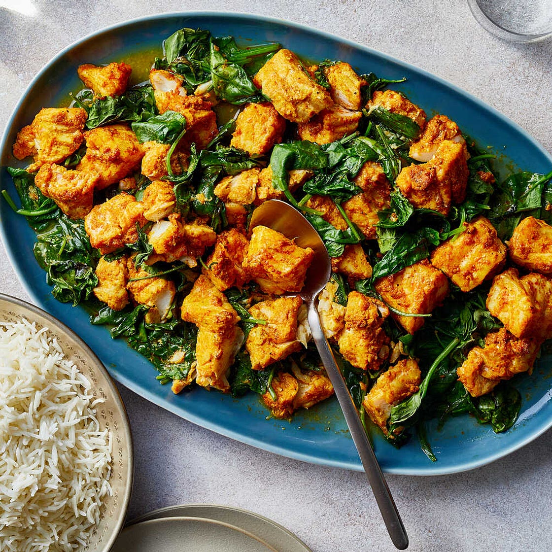 Sheet-Pan Fish Tikka With Spinach