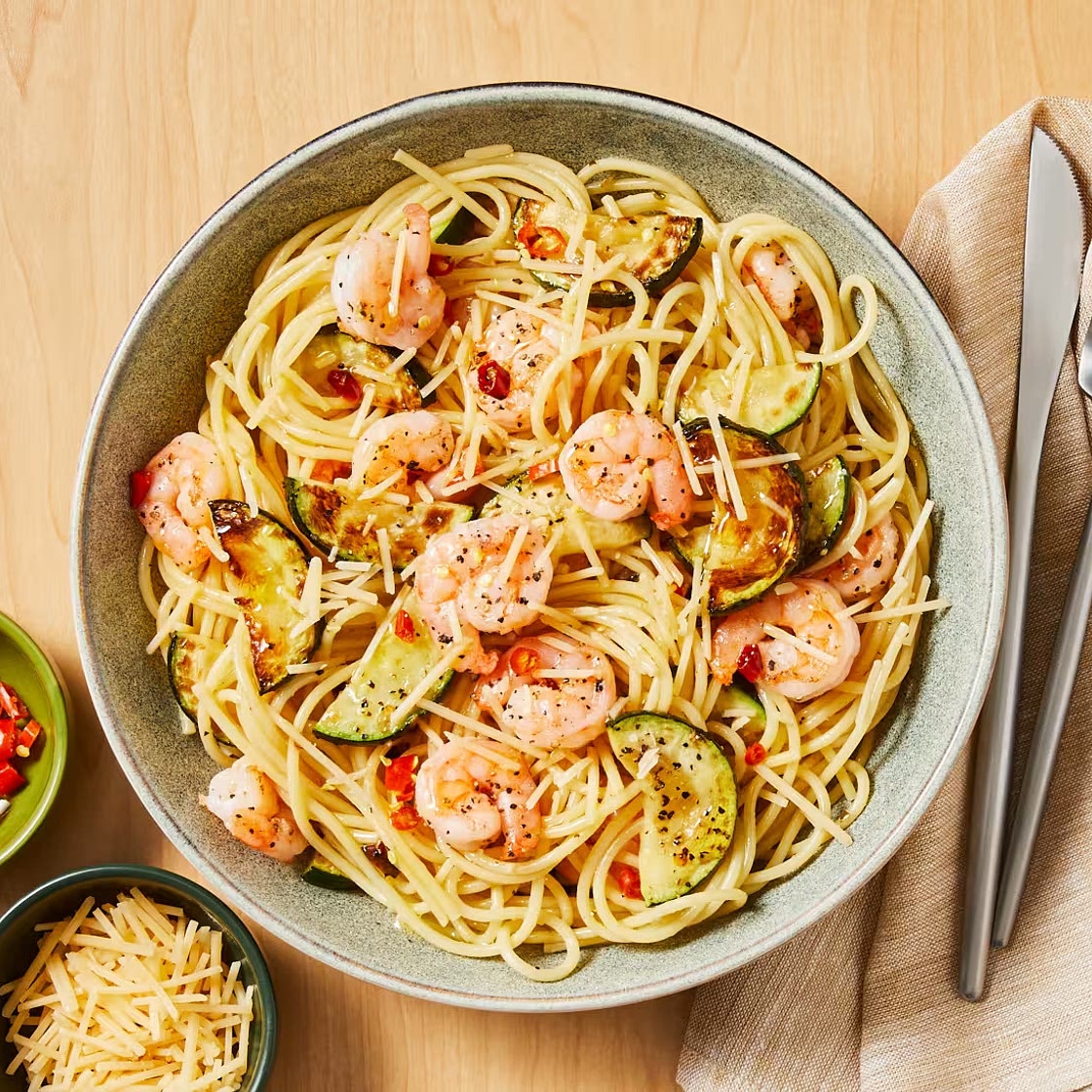 Shrimp Spaghetti with a Kick with Garlic Herb Butter & Zucchini