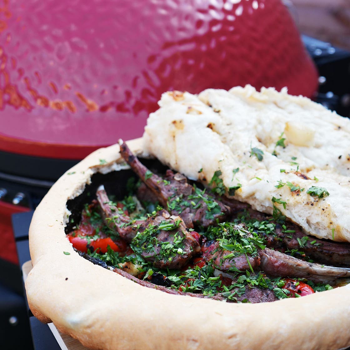 Grilled Lamb Chops and Vegetables Enclosed in Savory Dough