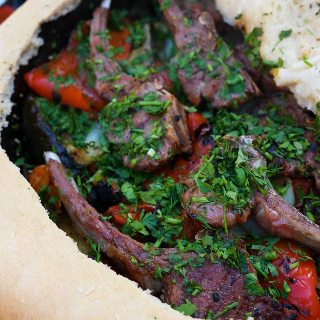 Grilled Lamb Chops and Vegetables Enclosed in Savory Dough
