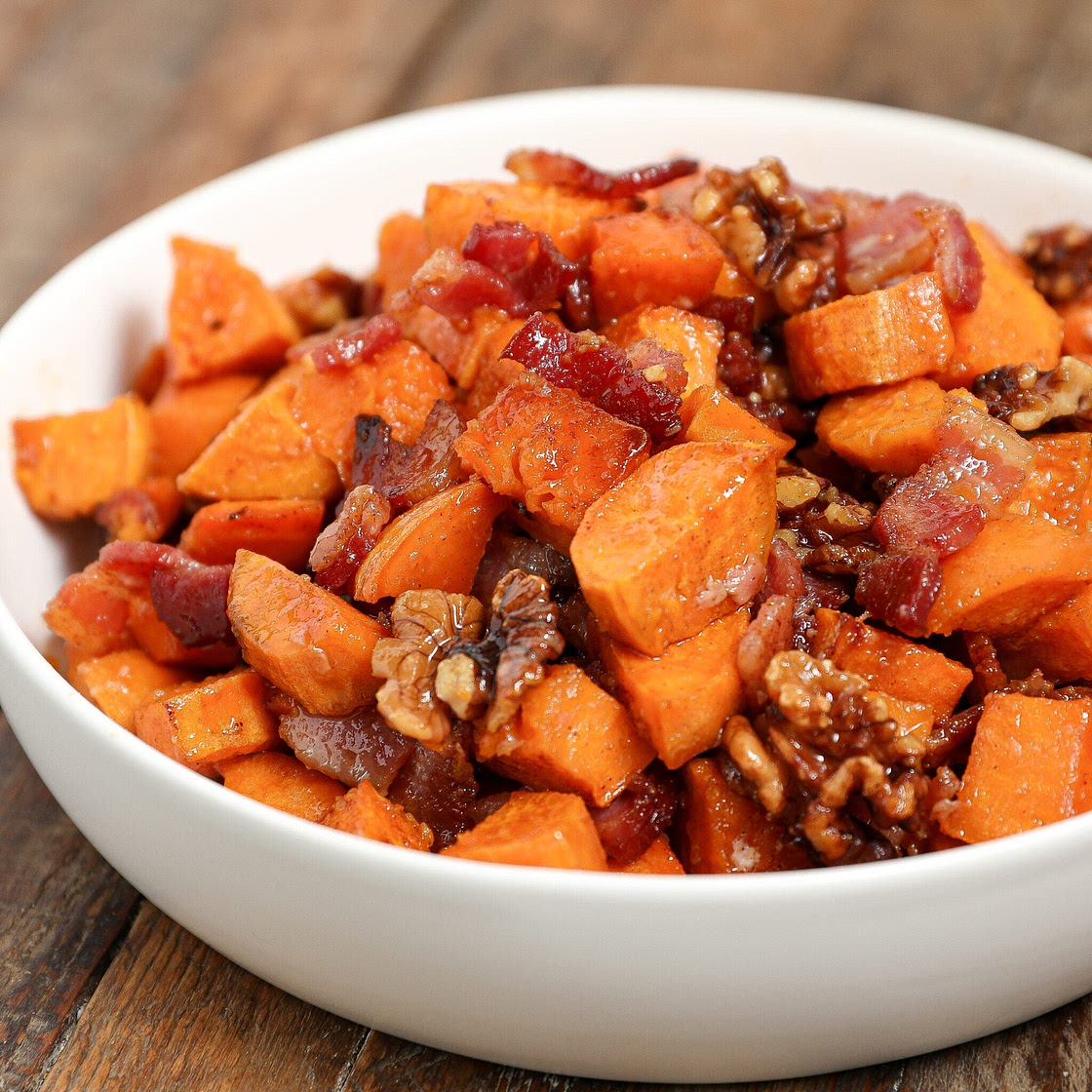 Roasted Sweet Potatoes with Bacon and Walnuts