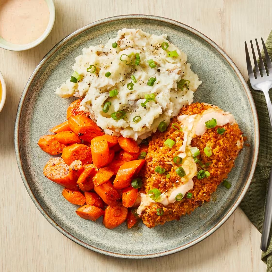 Crispy Kickin’ Cayenne Chicken Cutlets with Mashed Potatoes, Carrots & a Honey Drizzle