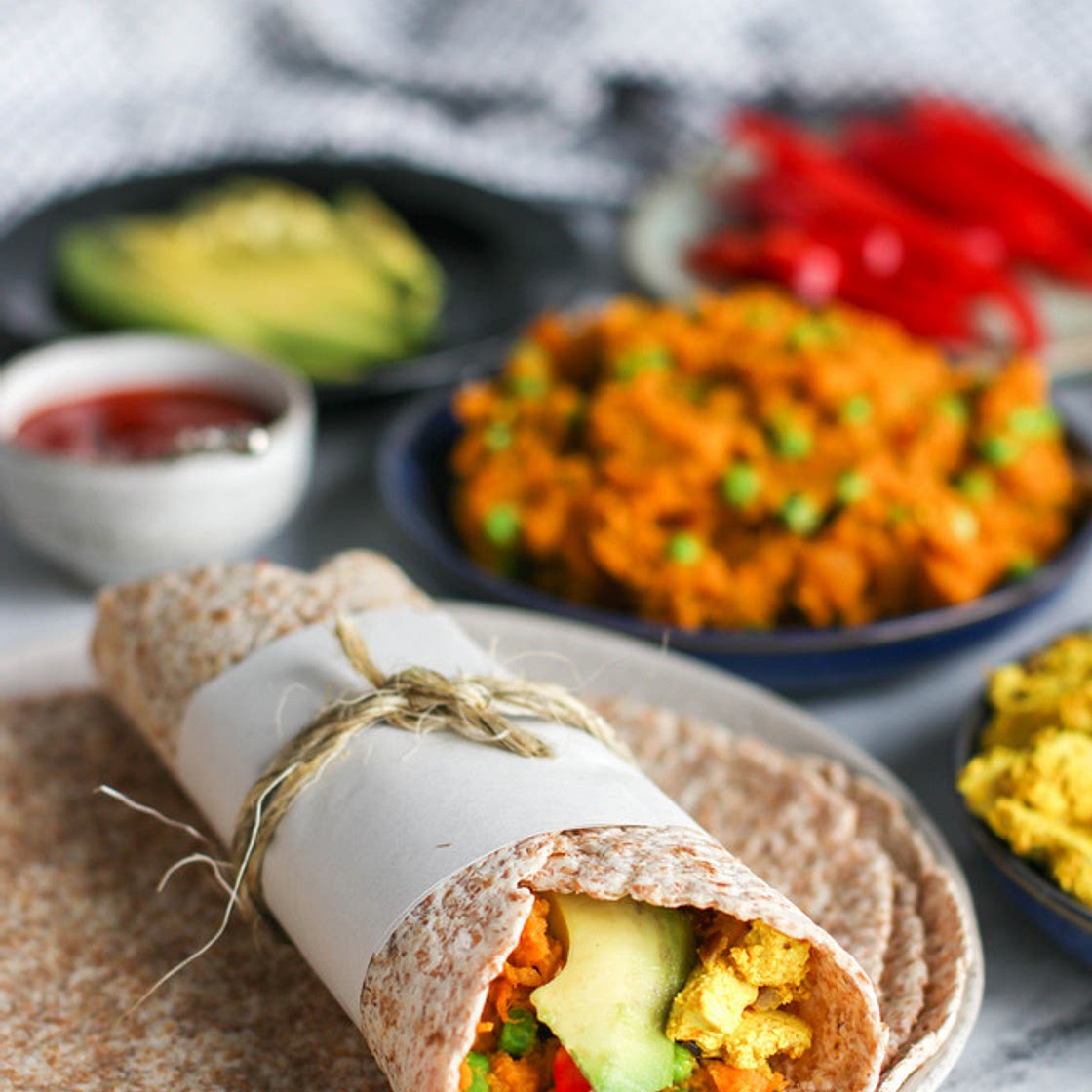 Samosa Sweet Potatoes Breakfast Wraps with Tofu Scramble