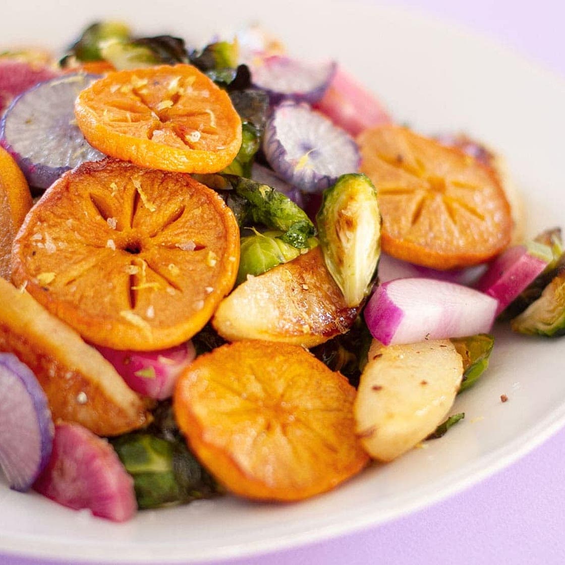 roasted persimmon and asian pear with brussels sprouts and radish