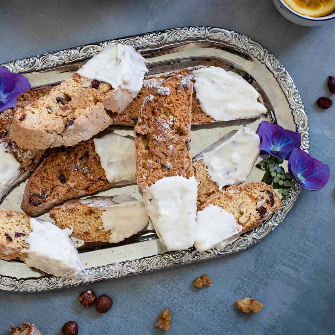 Cranberry Apricot Biscotti Dipped in White Chocolate