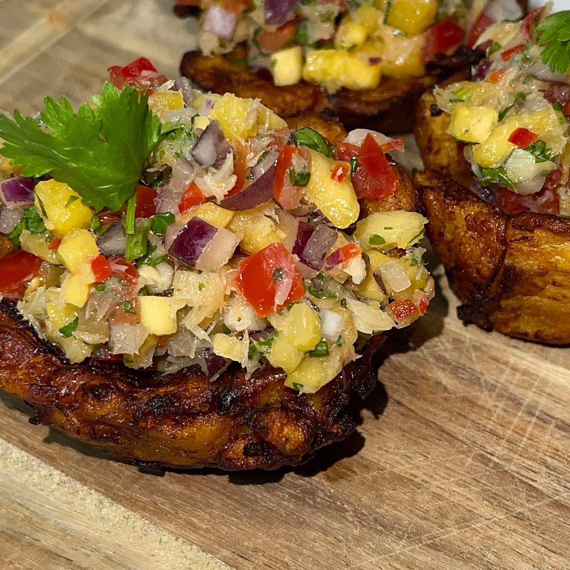 Plantain Tostones with Salt Fish, Mango and pineapple Salsa