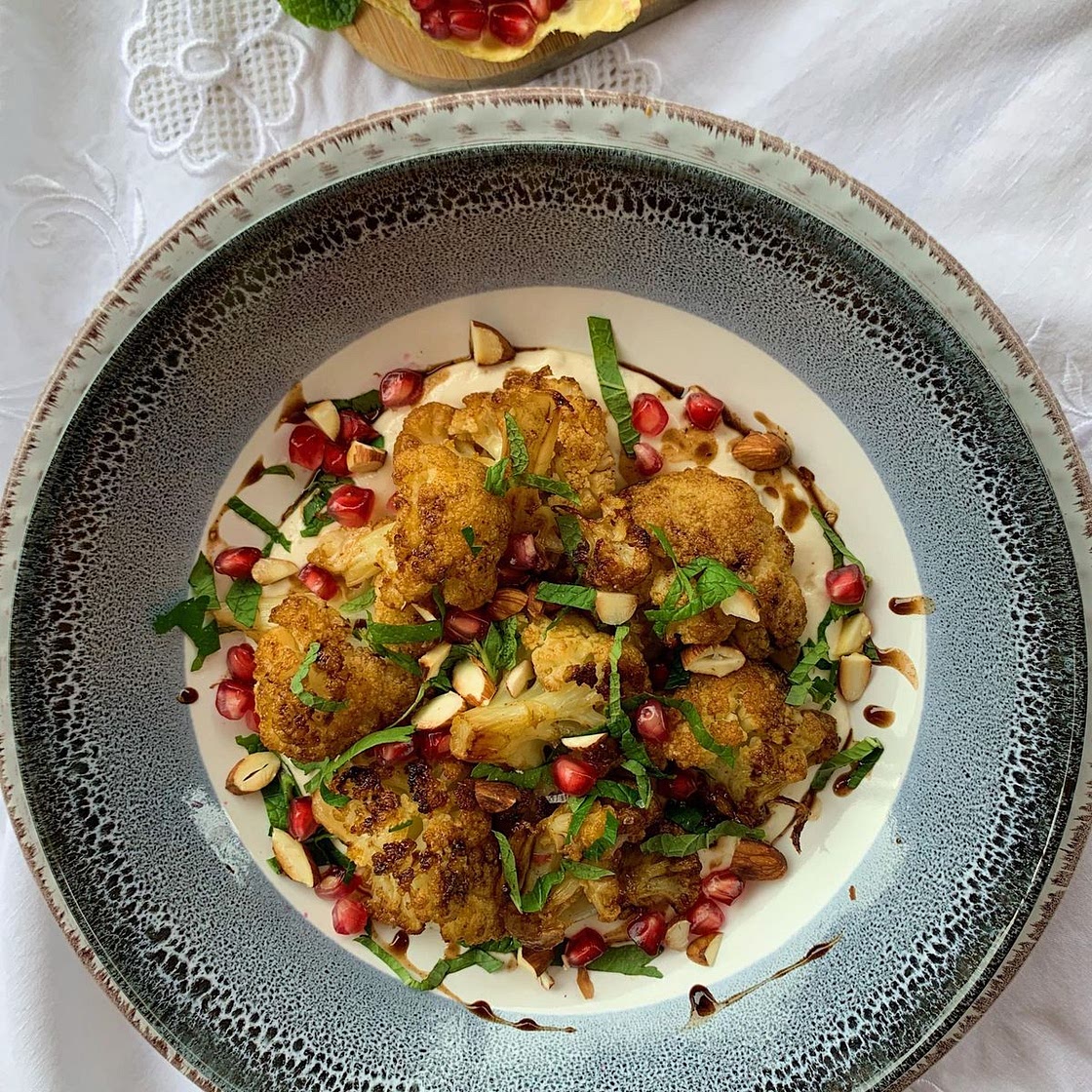 Roasted Cauliflower with Tahini and Pomegranate Molasses