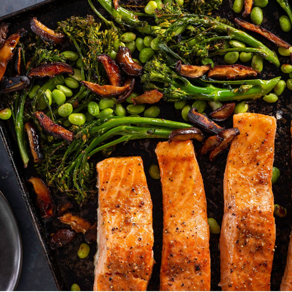 Roasted Salmon with Ginger-Soy Broccolini, Mushrooms, and Edamame - Ellie Krieger