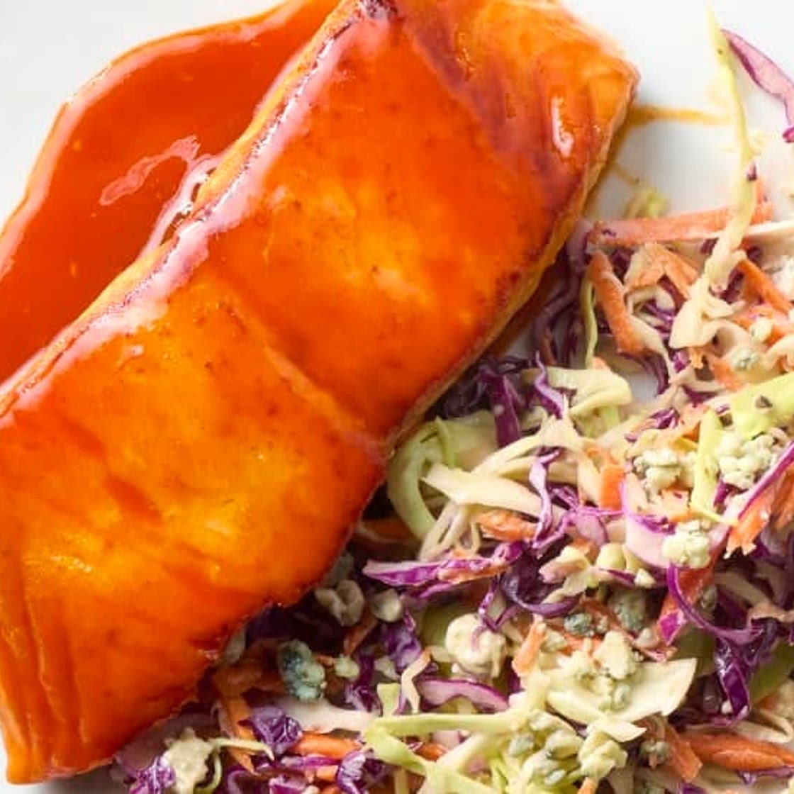 Buffalo Glazed Salmon with Creamy Blue Cheese Slaw