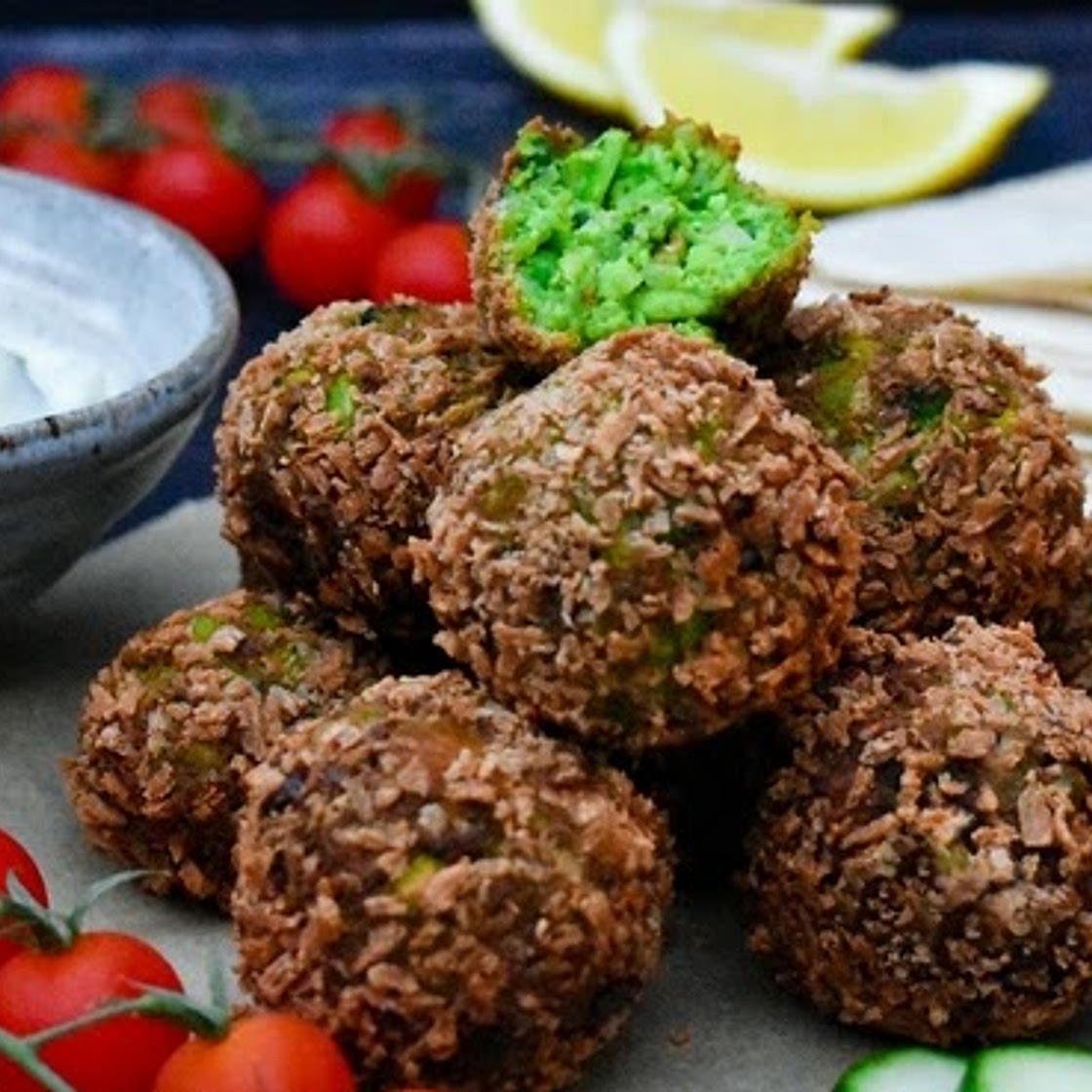 Green Edamame & Pea Falafel with a Yoghurt, Cucumber & Mint Dip (vegan recipe)