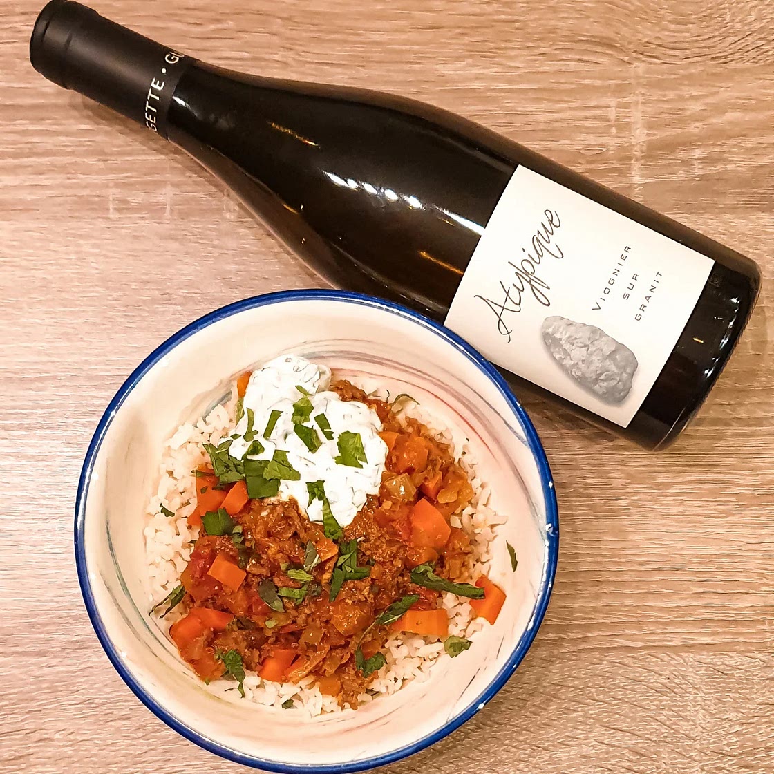 Curry au bœuf haché & riz brun carotte et yaourt